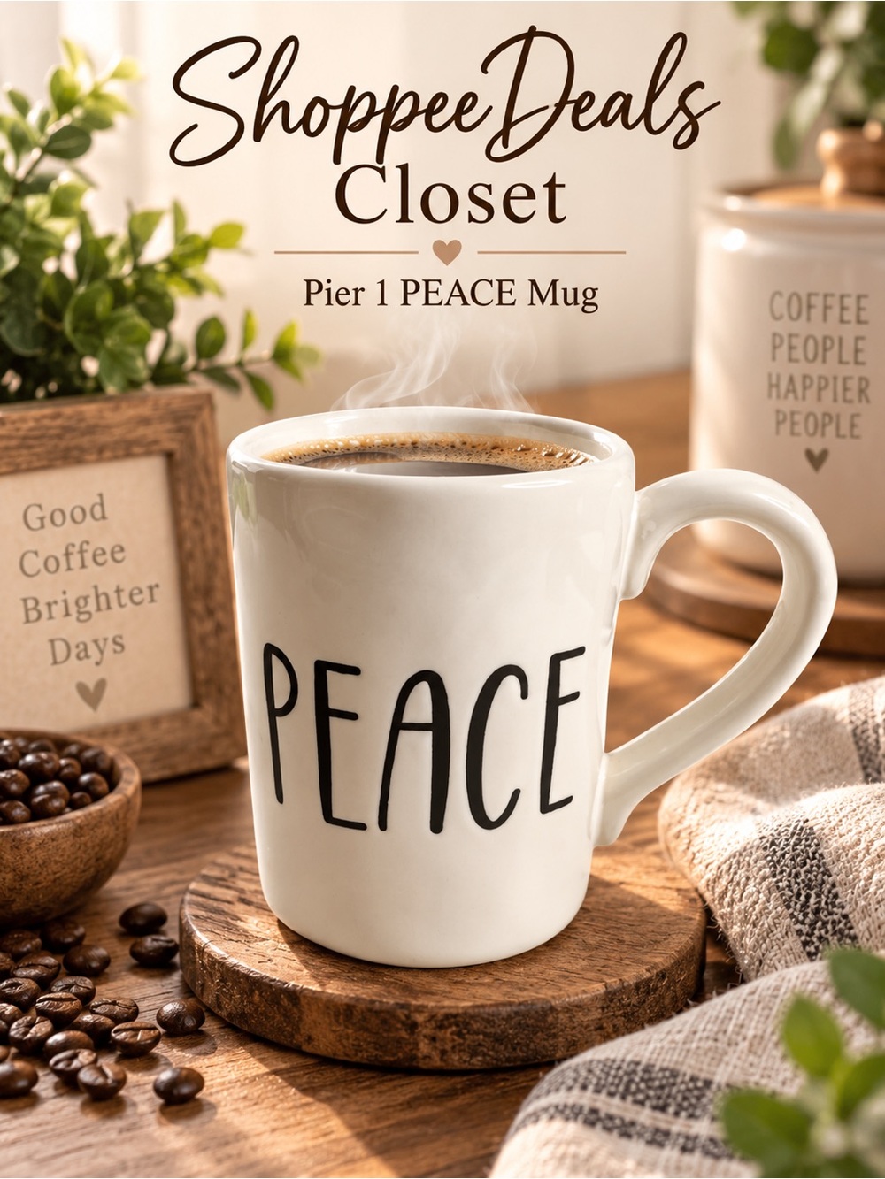 Pier 1 Imports PEACE White Stoneware Coffee Mug Large 5”